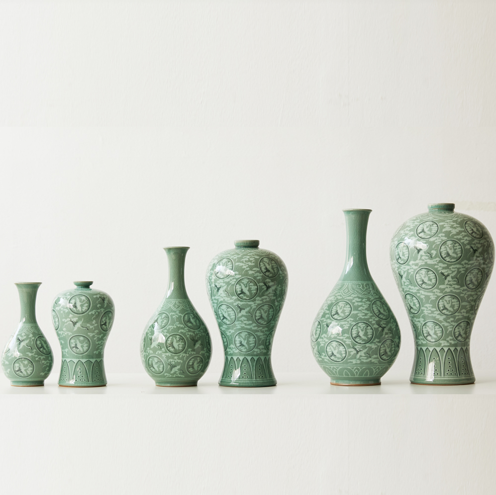 Inlaid Celadon Vases - Cloud & Crane Design (Set of 2, Medium)