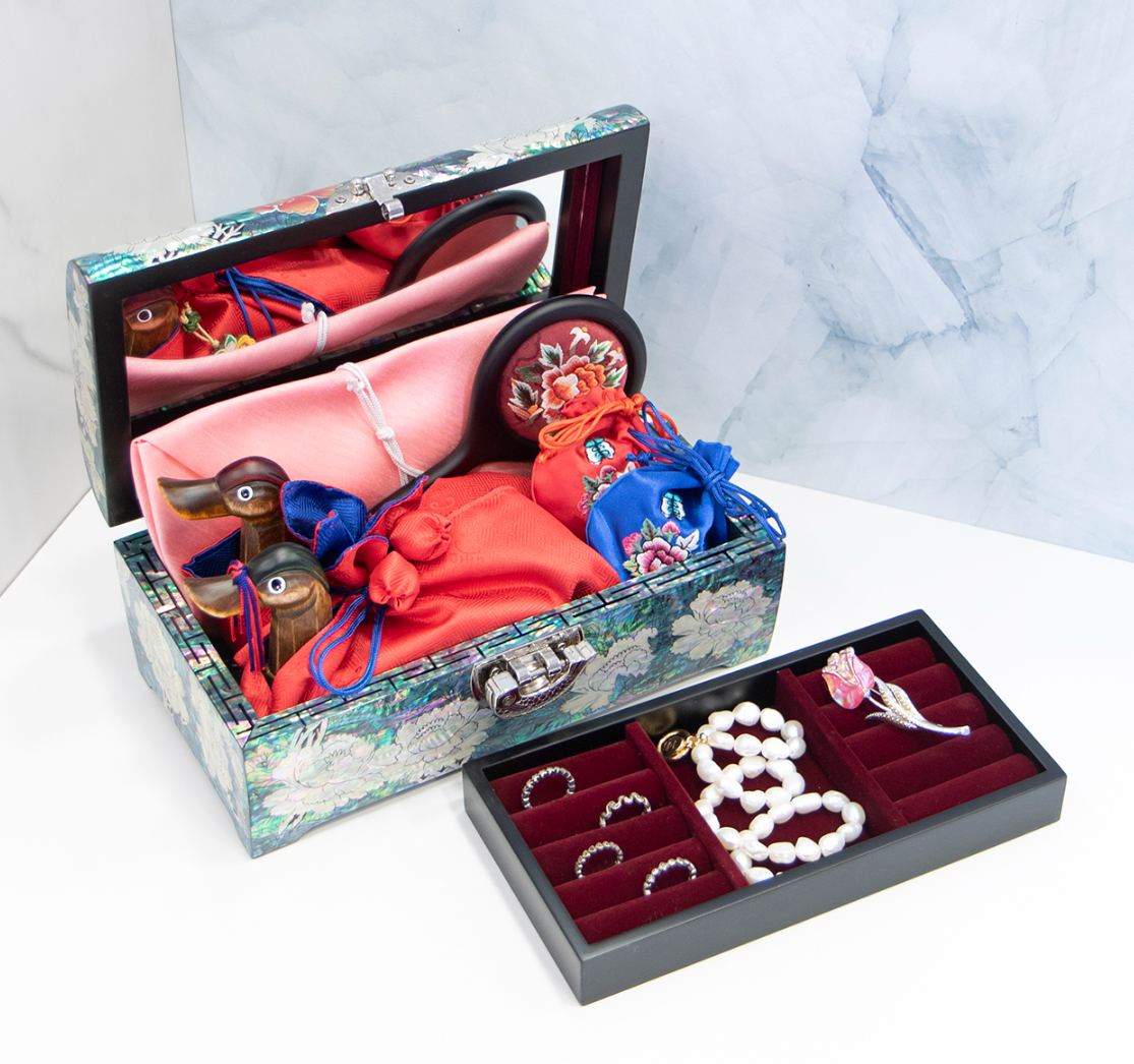 Premium Peony Mother-of-Pearl Wedding Gift & Jewelry Box (Black/Red, 21cm/24cm)