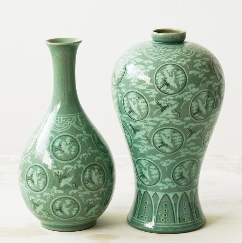 Inlaid Celadon Vases - Cloud & Crane Design (Set of 2, Medium)