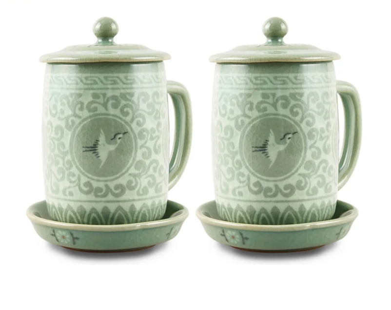 Traditional Celadon Tea Cup Set - Cloud & Crane Design (2-Person Set)