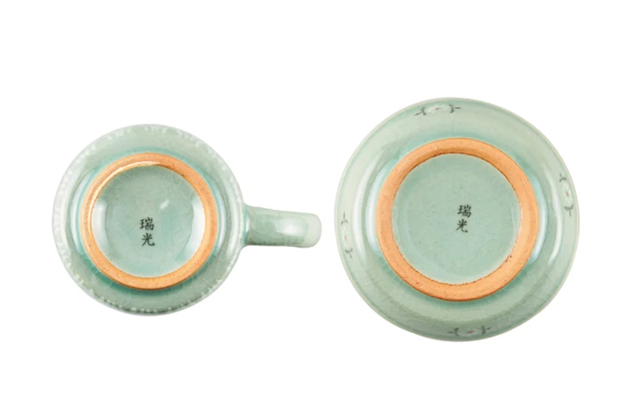 Traditional Celadon Tea Cup Set - Cloud & Crane Design (2-Person Set)
