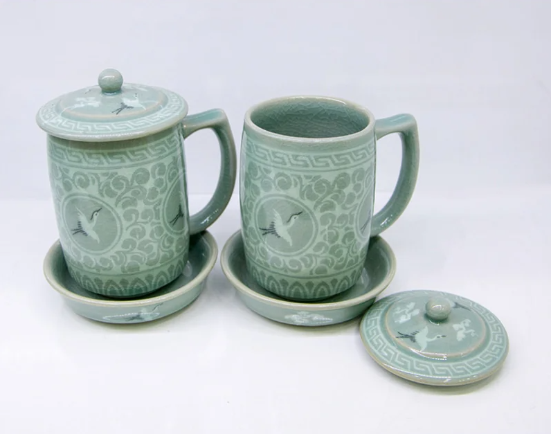 Traditional Celadon Tea Cup Set - Cloud & Crane Design (2-Person Set)