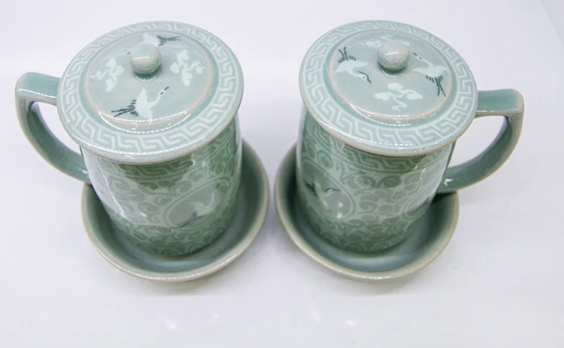 Traditional Celadon Tea Cup Set - Cloud & Crane Design (2-Person Set)