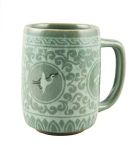 Traditional Celadon Tea Cup Set - Cloud & Crane Design (2-Person Set)