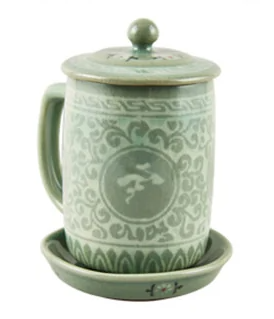 Traditional Celadon Tea Cup Set - Cloud & Crane Design (2-Person Set)