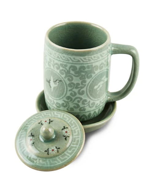 Traditional Celadon Tea Cup Set - Cloud & Crane Design (2-Person Set)