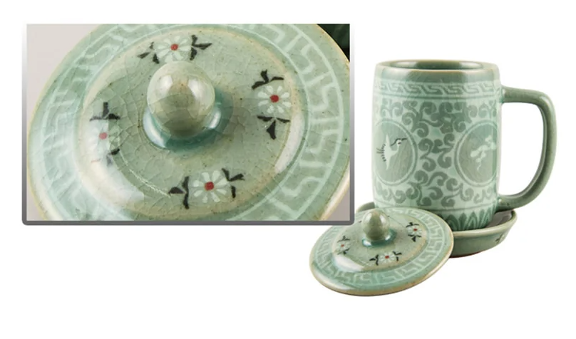 Traditional Celadon Tea Cup Set - Cloud & Crane Design (2-Person Set)