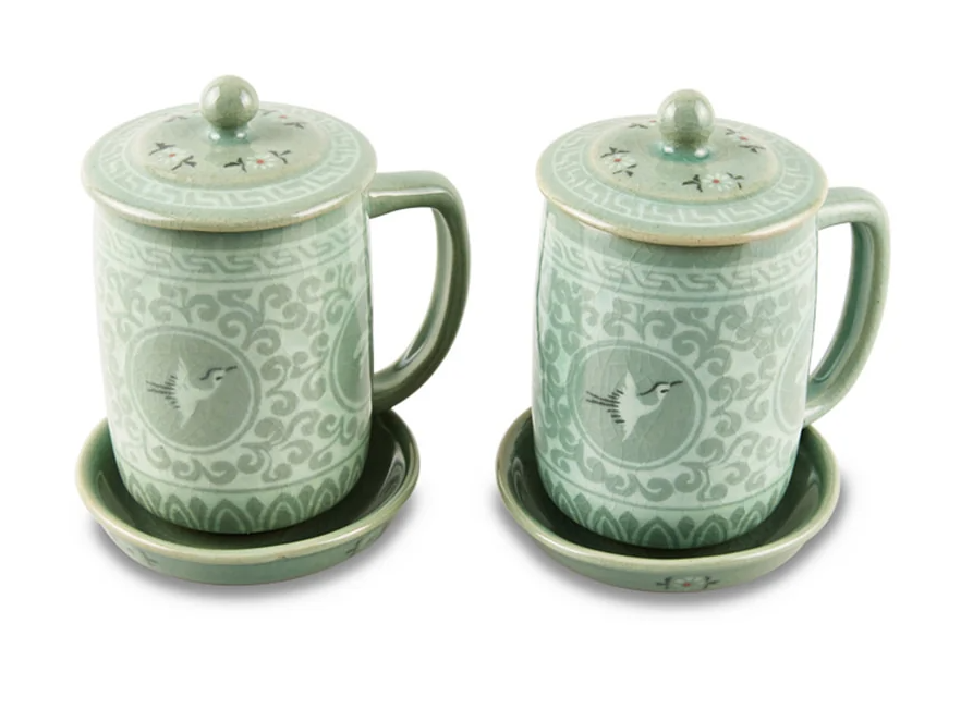 Traditional Celadon Tea Cup Set - Cloud & Crane Design (2-Person Set)