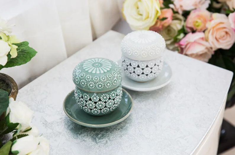 Openwork Chrysanthemum Celadon Tea Set by Kim Young-soo (2-Person Set)