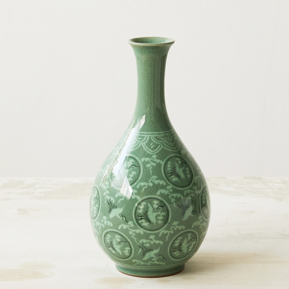 Inlaid Celadon Vases - Cloud & Crane Design (Set of 2, Medium)