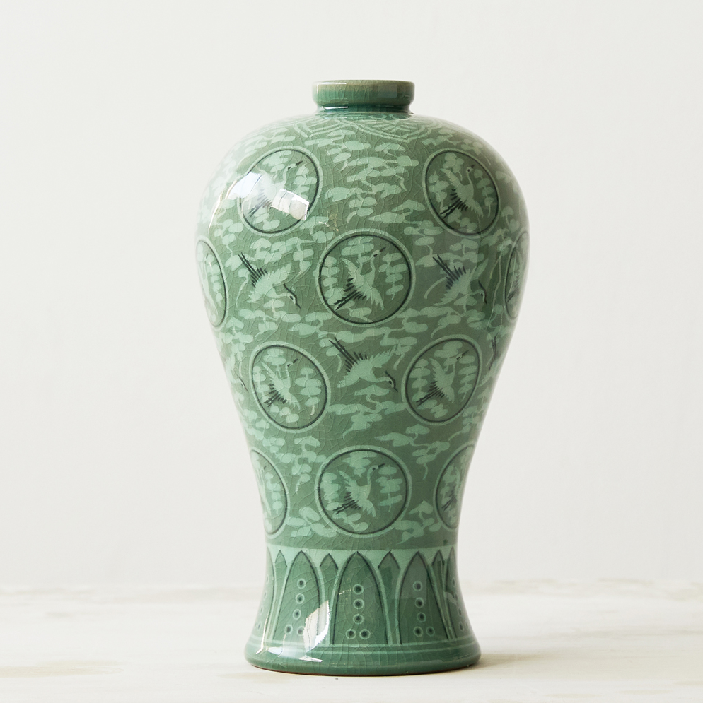 Inlaid Celadon Vases - Cloud & Crane Design (Set of 2, Medium)