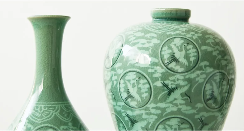 Inlaid Celadon Vases - Cloud & Crane Design (Set of 2, Medium)