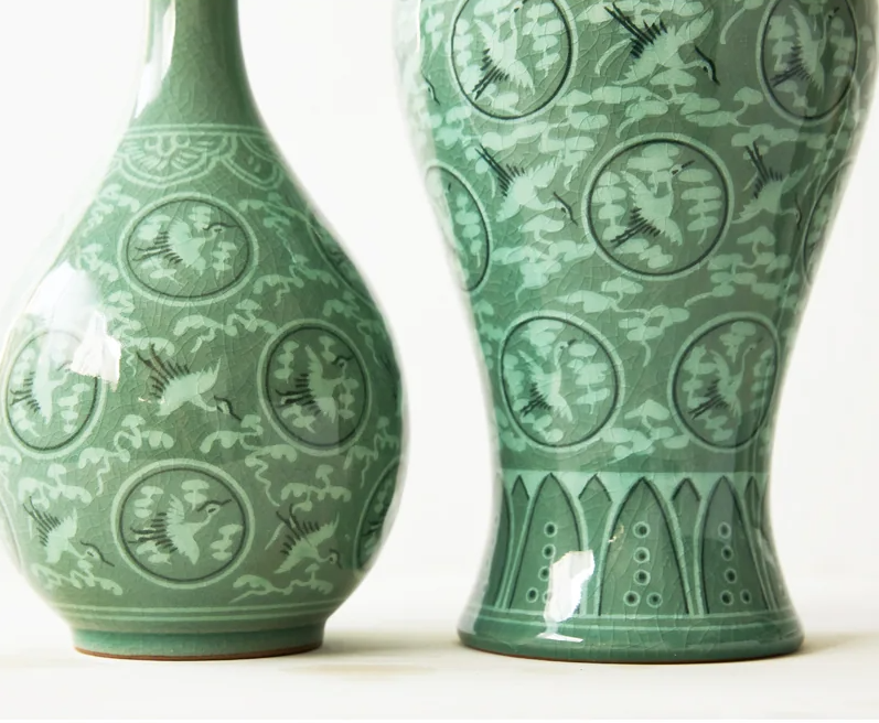 Inlaid Celadon Vases - Cloud & Crane Design (Set of 2, Medium)
