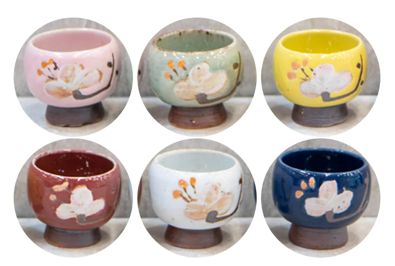 Cherry Blossom Hand-Painted Tea & Sake Cup Set (6 Pieces)