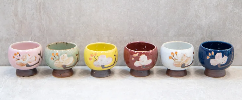 Cherry Blossom Hand-Painted Tea & Sake Cup Set (6 Pieces)