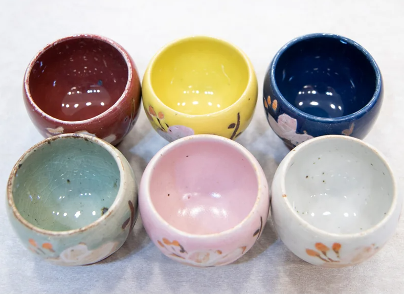 Cherry Blossom Hand-Painted Tea & Sake Cup Set (6 Pieces)
