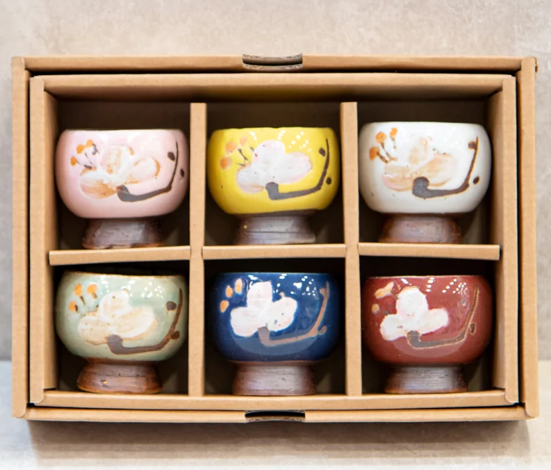 Cherry Blossom Hand-Painted Tea & Sake Cup Set (6 Pieces)