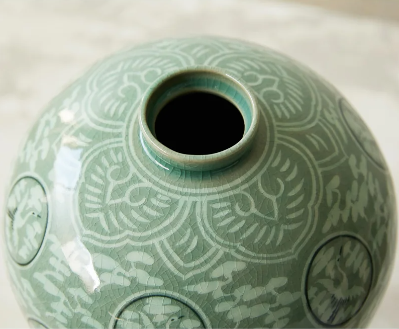 Inlaid Celadon Vases - Cloud & Crane Design (Set of 2, Medium)