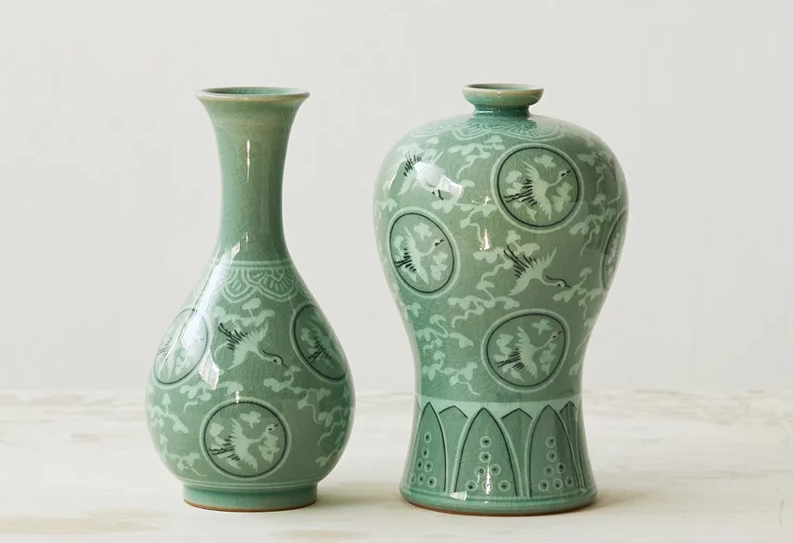 Inlaid Celadon Vases - Cloud & Crane Design (Set of 2, Medium)