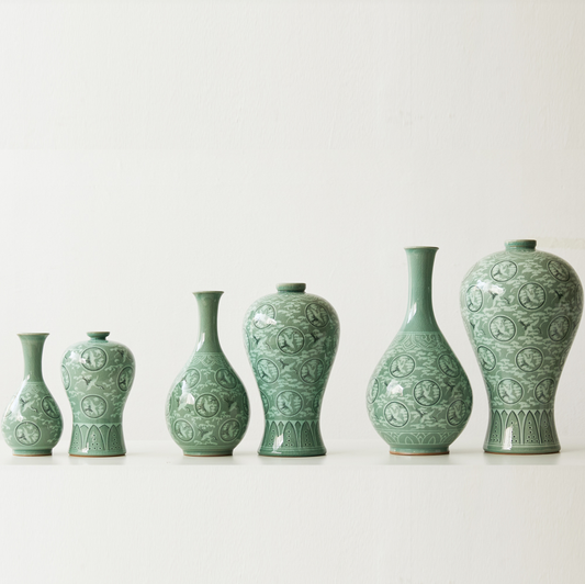 Inlaid Celadon Vases - Cloud & Crane Design (Set of 2, Medium)