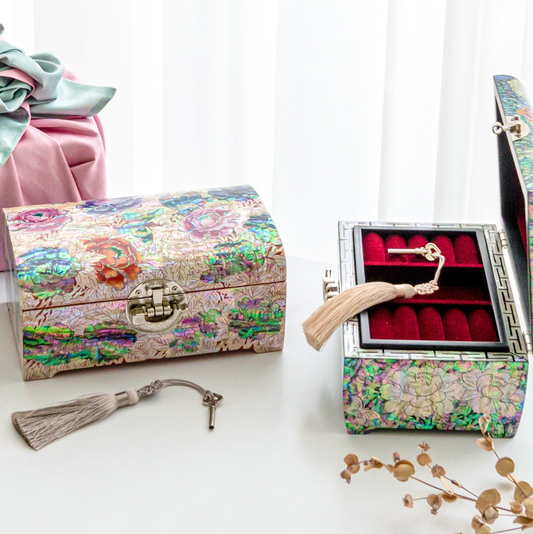Premium Peony Mother-of-Pearl Wedding Gift & Jewelry Box (Black/Red, 21cm/24cm)
