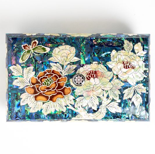 Blue Peony Mother-of-Pearl Jewelry Box Luxury Handcrafted Keepsake