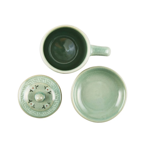 Traditional Celadon Tea Cup Set - Cloud & Crane Design (2-Person Set)